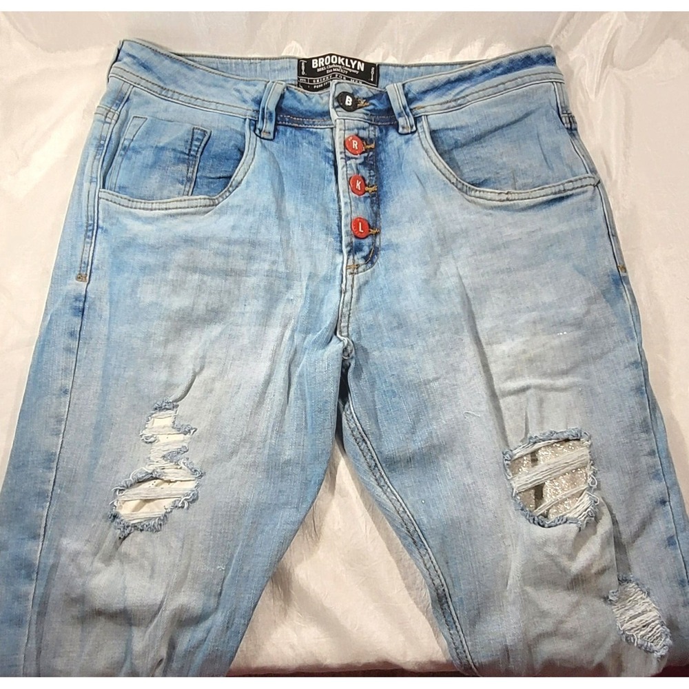 BRKL Brooklyn Men's Streetwear Ripped Distressed Skinny Jeans Button Fly 34‎